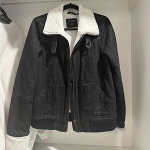 Harley-Davidson Womens Sherpa Fleece Collar Denim Jacket Black White Size Large